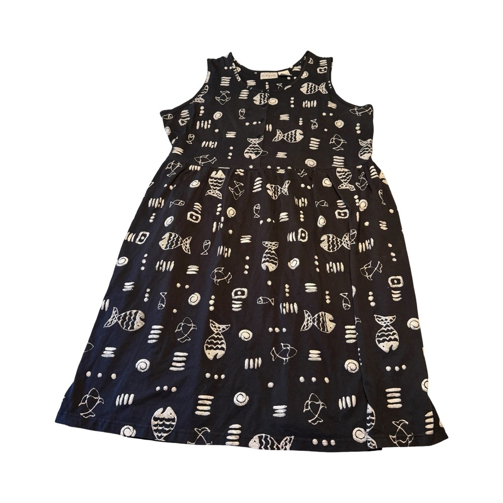 Basic Editions Plus Womens 2X Black Fish Print Sleeveless Button Midi Dress Vtg